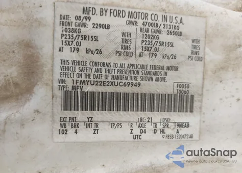 1999 Ford Explorer Sport z USA, uszkodzony, nr VIN 1FMYU22E2XUC69949